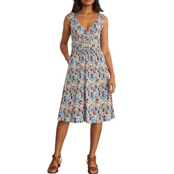 Boden Effie Jersey Dress, V Neck, Colorful Palm Print, Flattering Sundress Sz 2P - Picture 1 of 9